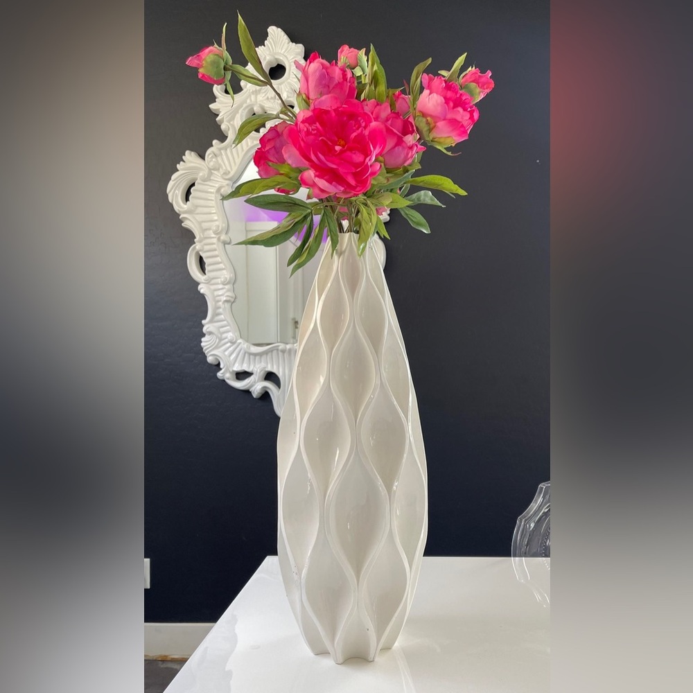 White Textured Ceramic Vase with Pink Orchid Accent